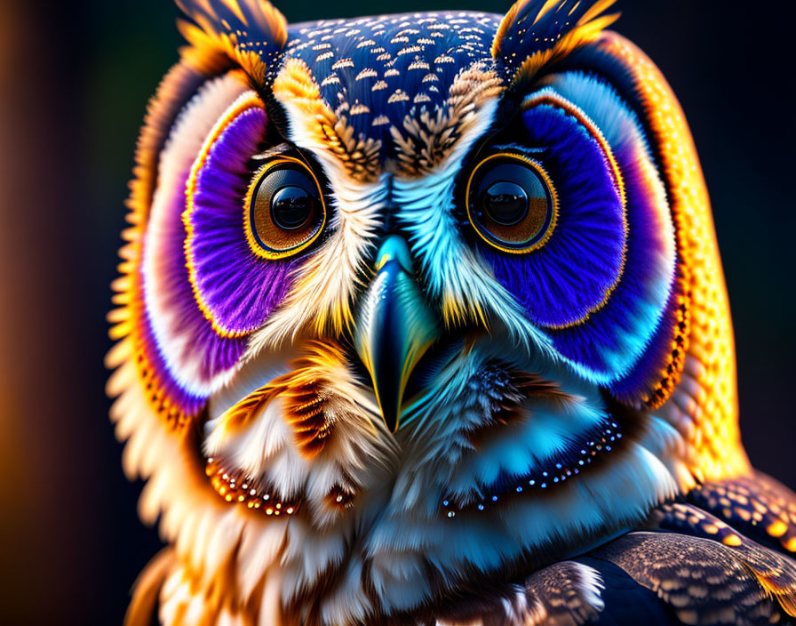 Colorful Owl with Purple and Orange Eyes and Detailed Feather Patterns