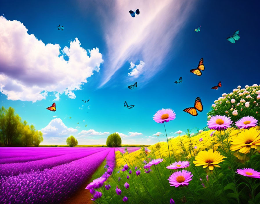 Colorful landscape with purple flower field, butterflies, green grass, and fluffy clouds