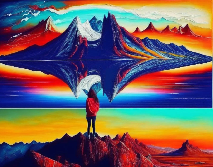 Colorful painting of person with umbrella in surreal mountain landscape