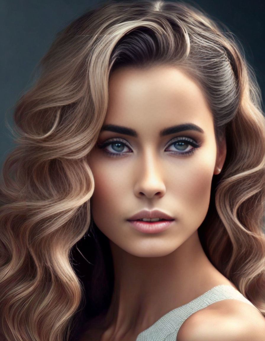 Portrait of Woman with Long Wavy Hair and Blue Eyes