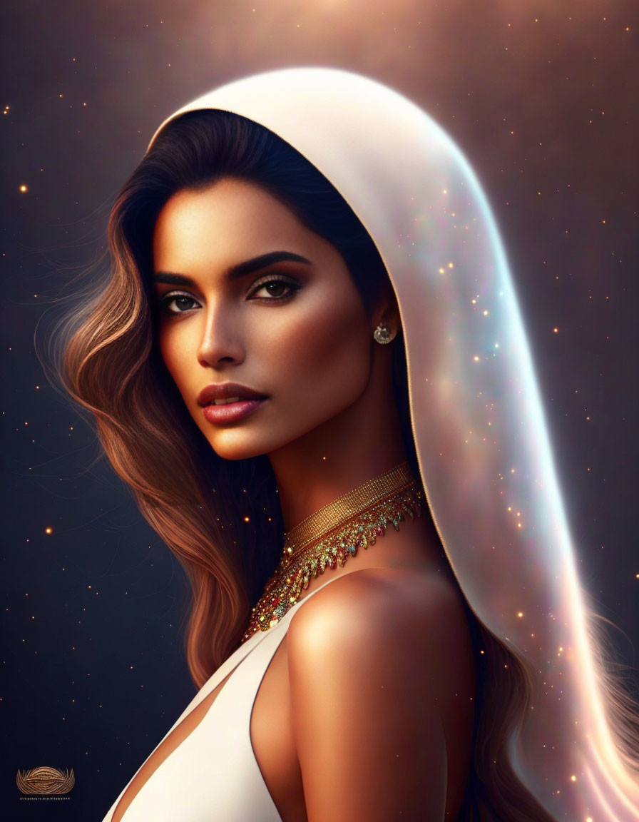 Digital portrait of a woman with lustrous hair and striking makeup, adorned with elegant jewelry against a