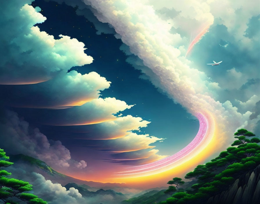 Vibrant landscape with pink sky, green mountains, and soaring birds