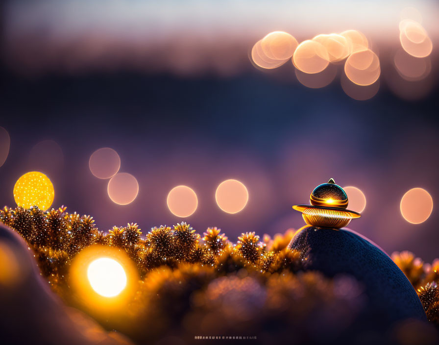 Macro photo of small UFO-like object in warm bokeh background with mossy hillocks