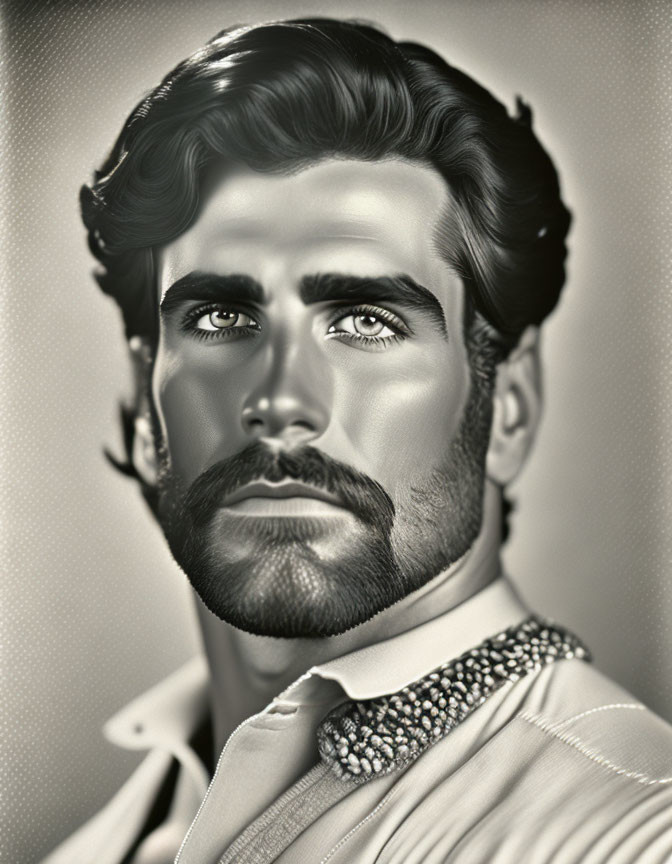 Monochrome portrait of a man with thick hair, full beard, and intense eyes in patterned collar