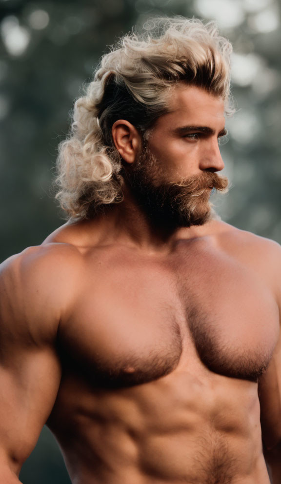 Muscular shirtless man with beard and blonde hair in soft-focus background