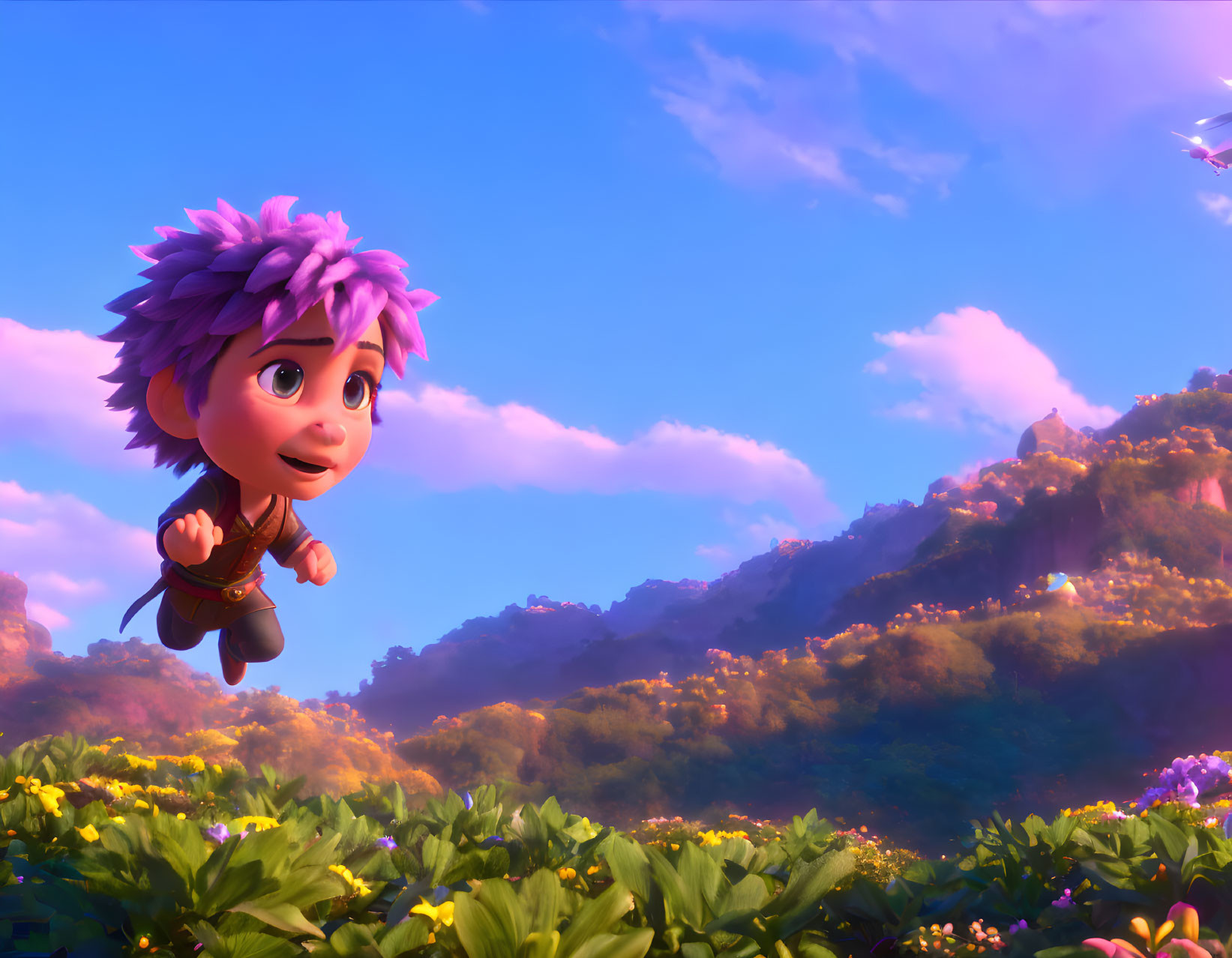 Purple-Haired Animated Character Soars Over Flower Field and Mountain Landscape