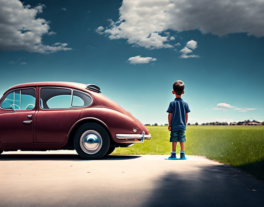 Child beside classic car on asphalt road under blue sky
