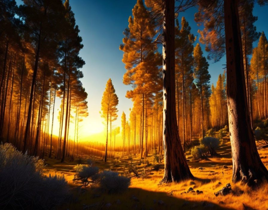 Golden Light Sunset in Pine Forest with Long Shadows