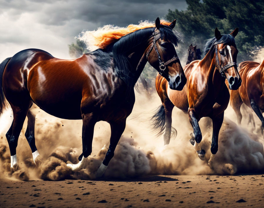 Majestic horses galloping under dramatic sky