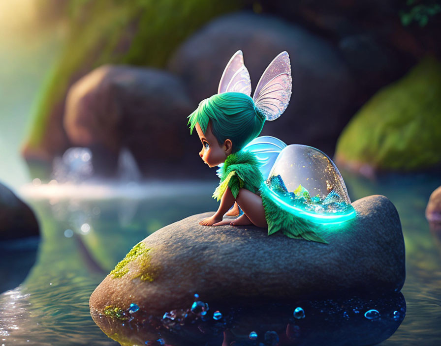 Digital illustration of small winged fairy with glowing crystal in mystical forest.