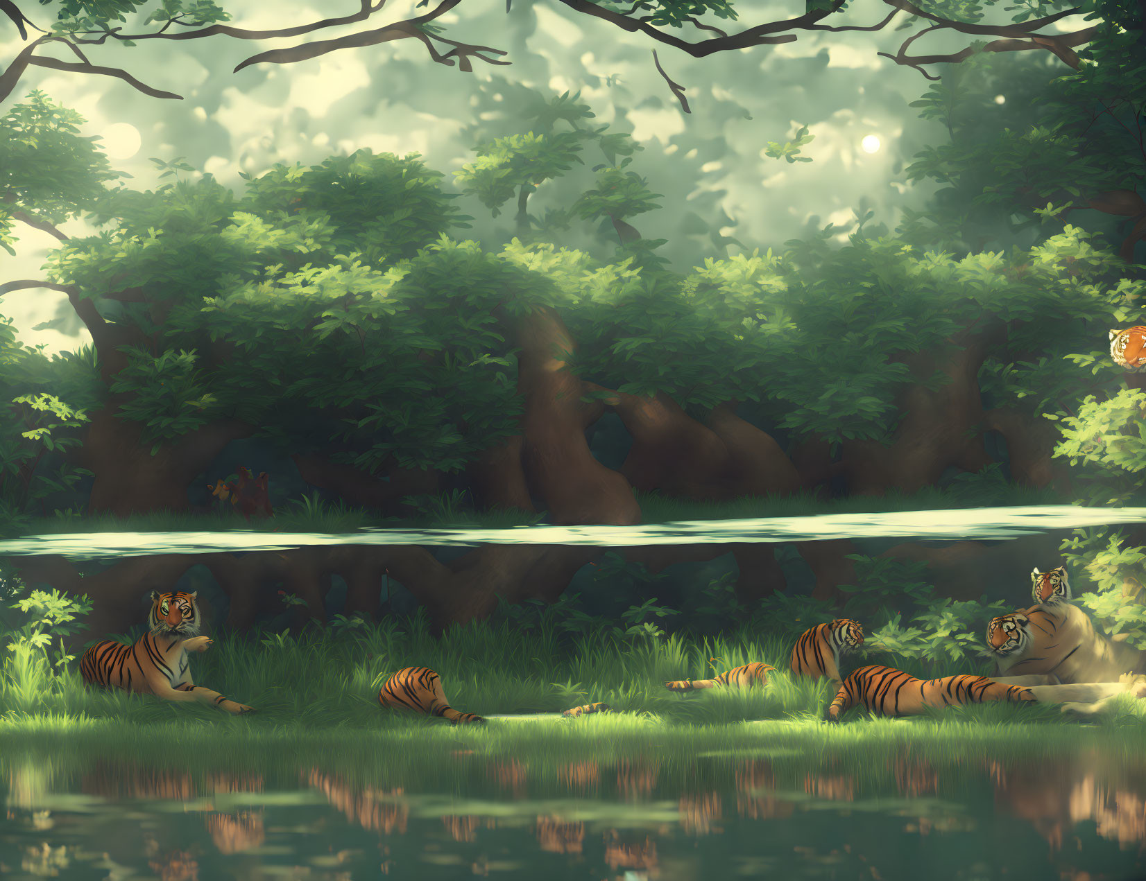 Tranquil forest scene with tigers by serene lake