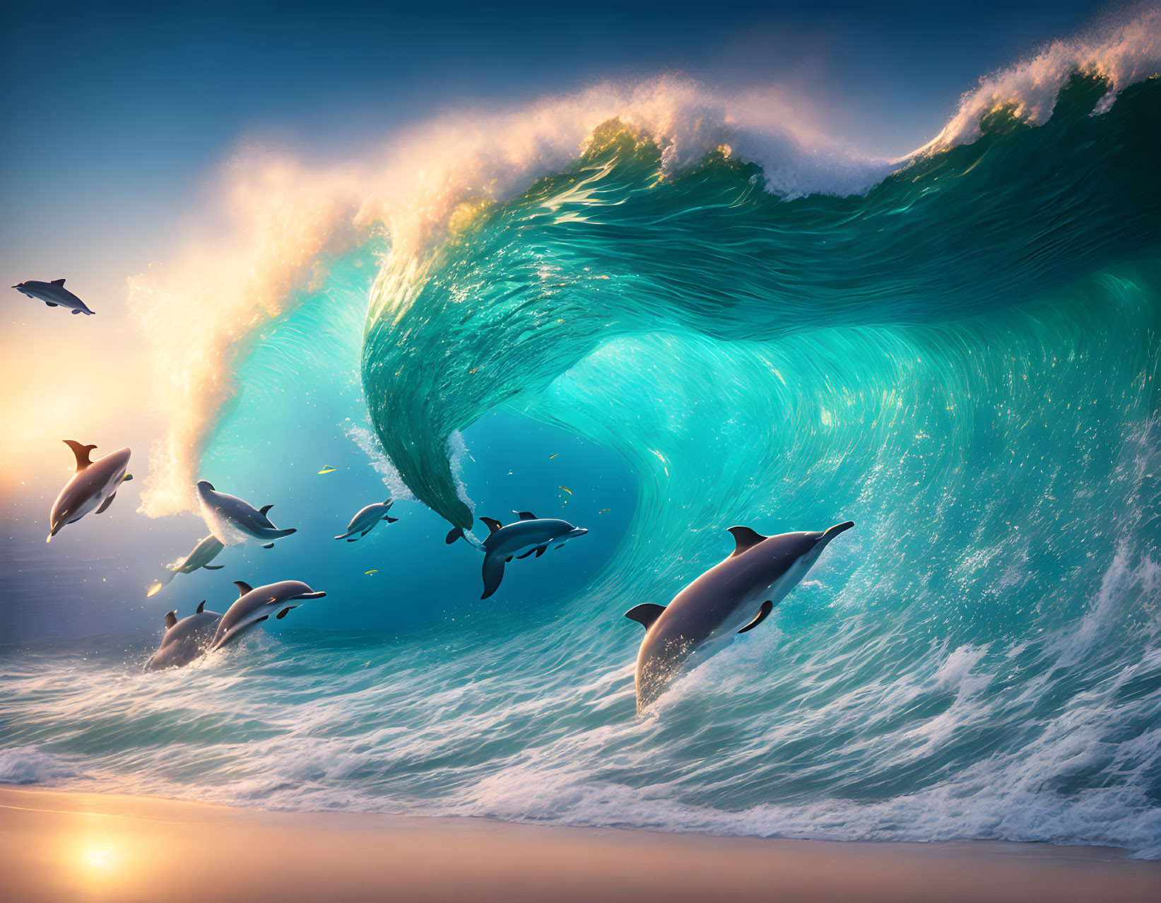 Dolphins leaping from sunlit wave with birds in serene sky