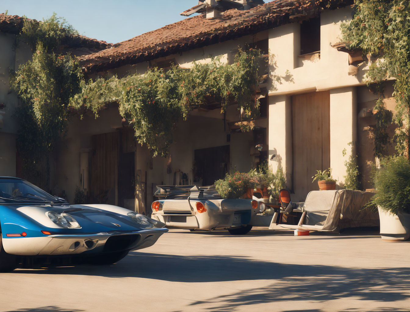 Luxurious courtyard with classic sports cars, potted plants, and vines on a sunny day