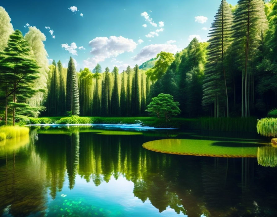 Tranquil lake scene with green trees, waterfall, and lush foliage