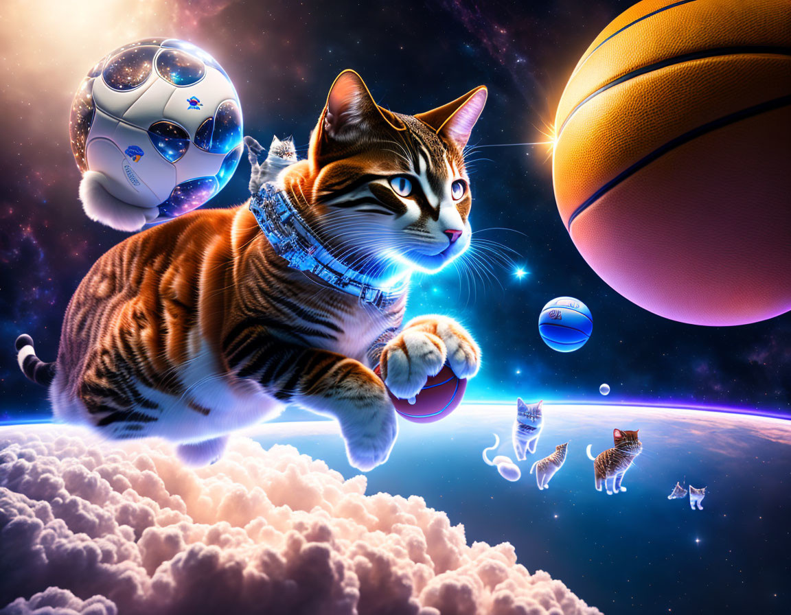 Cat playing with sports balls in space with cosmic backdrop