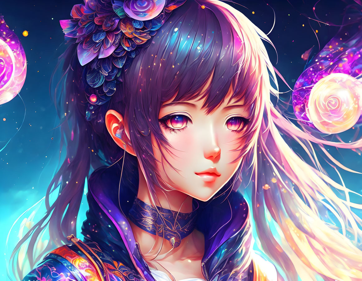Purple-haired anime-style girl with floral hair accessories in cosmic setting.