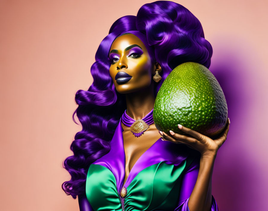 Vibrant purple makeup woman holding avocado on peach background