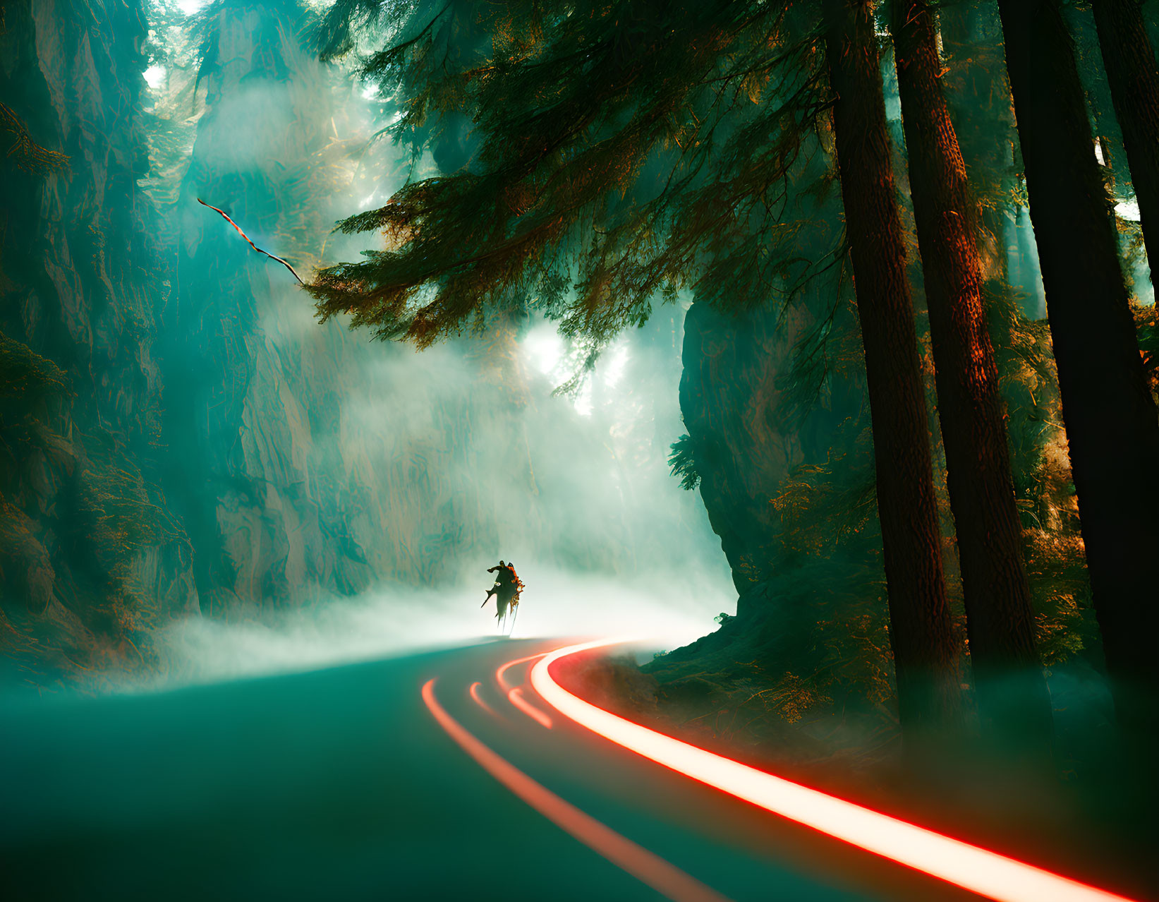 Person in Jacket Walking Down Misty Forest Road with Glowing Red Light Trails