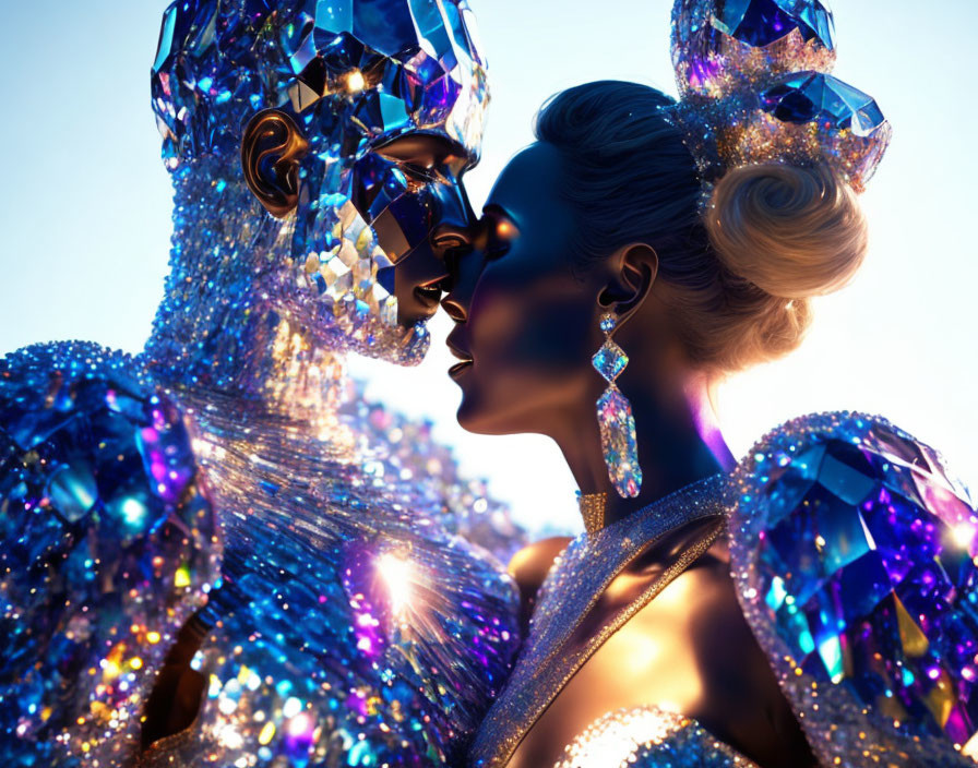 Glittering, jewel-encrusted figures against vibrant blue background