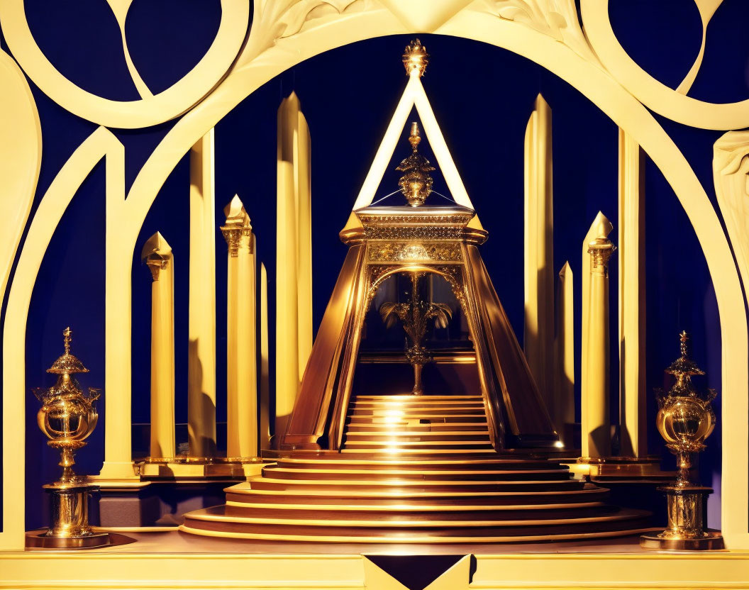 Golden pyramid shrine with intricate patterns on deep blue backdrop