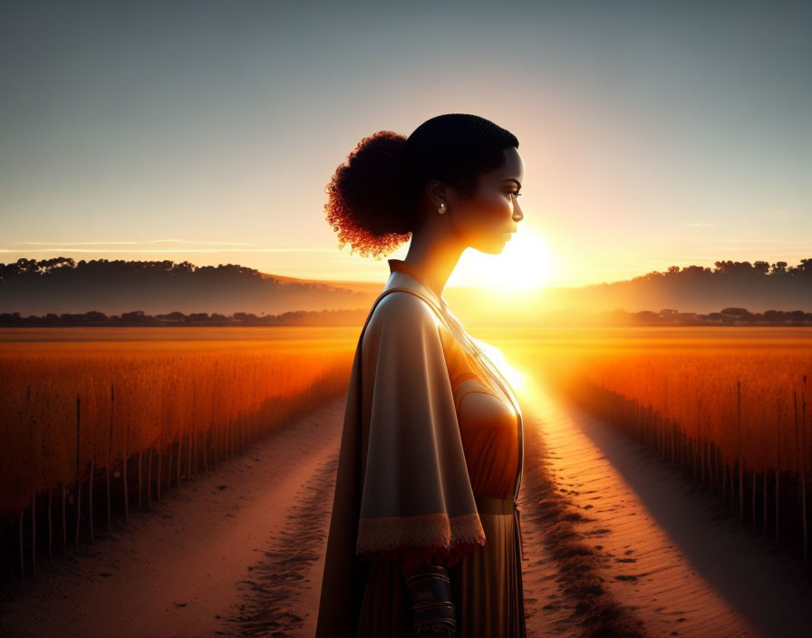 Silhouette of woman with afro hairstyle in sunset rural landscape