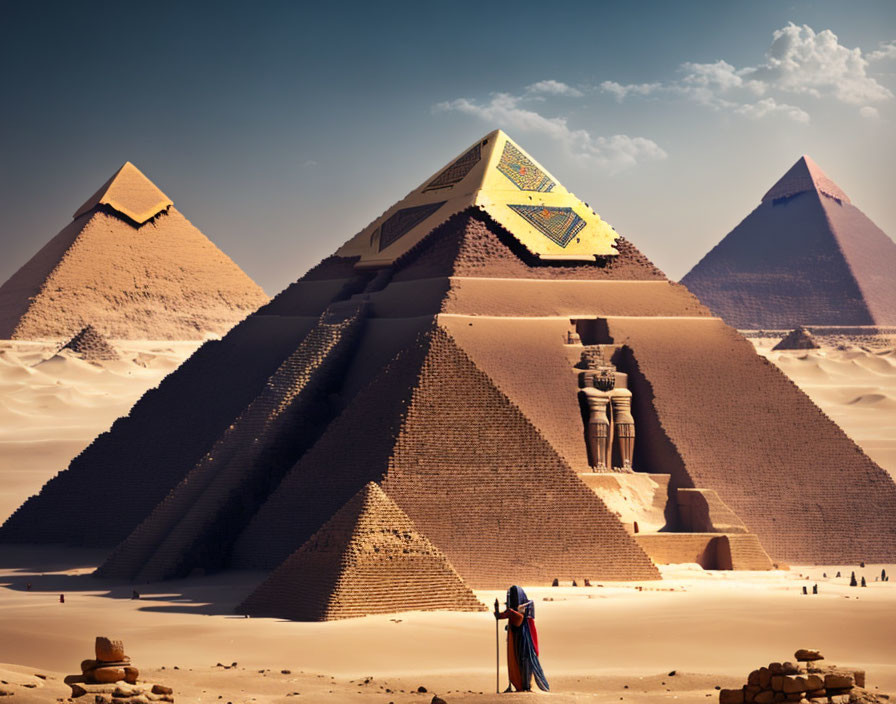 Ancient pyramids of Giza under clear sky with person in traditional dress.