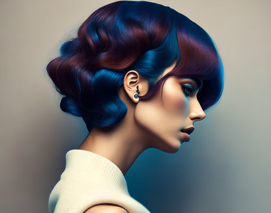 Woman with Creative Blue and Purple Bob Hairstyle on Neutral Background