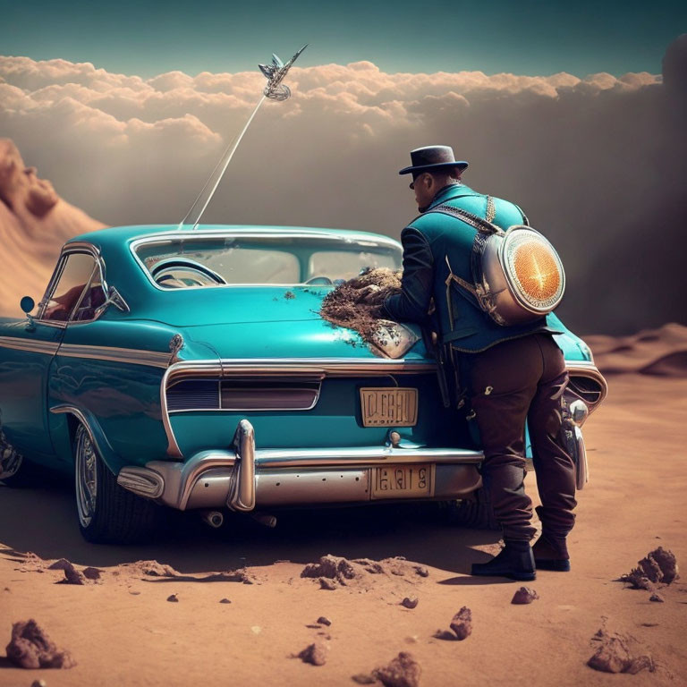 Vintage Blue Car Parked on Sandy Terrain with Person in Retro Clothing Leaning In