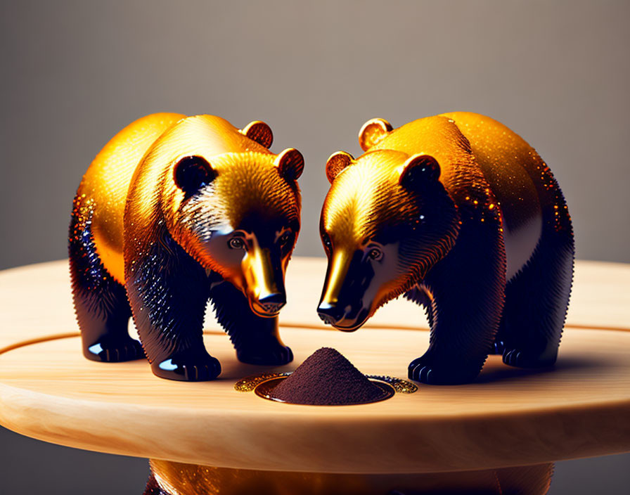 Glossy metallic bear figurines on wooden surface with dark granular substance