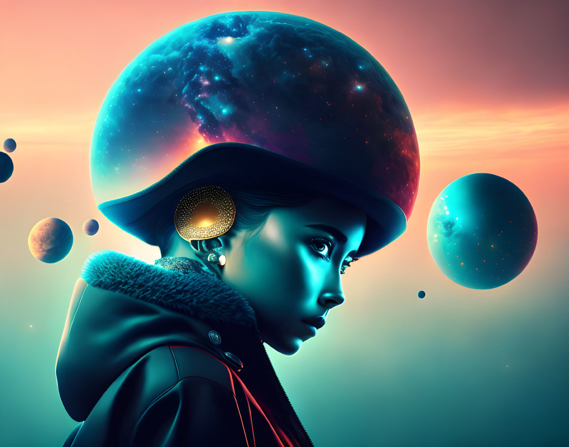 Vibrant digital artwork: woman with planet-like helmet in cosmic scene