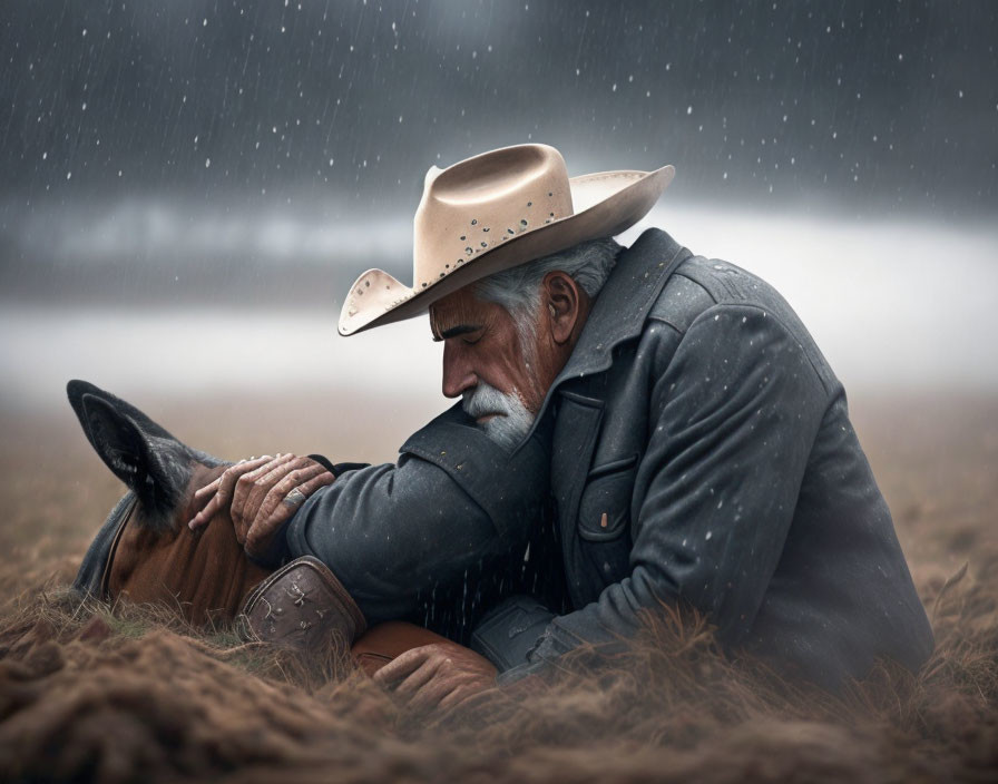 Cowboy comforting horse in rainy field.