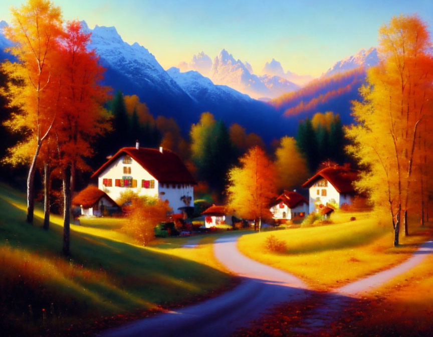 Vibrant autumn trees, winding path, quaint houses, majestic mountains