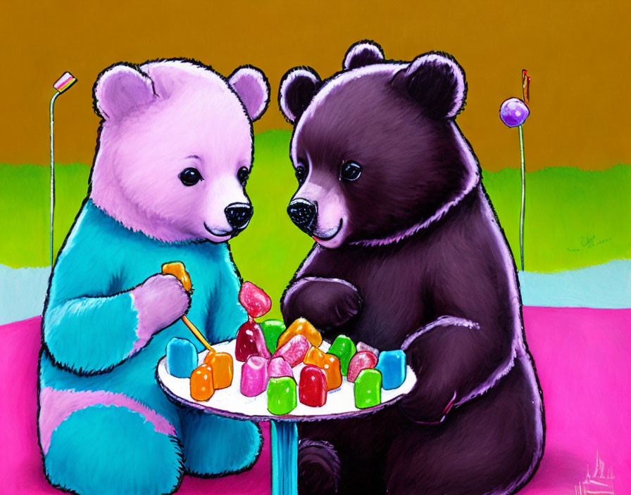 Cartoon bears with colorful candies on dual-tone background