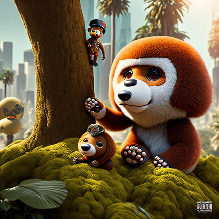 Playful red panda and small creature in vibrant cityscape and forest.