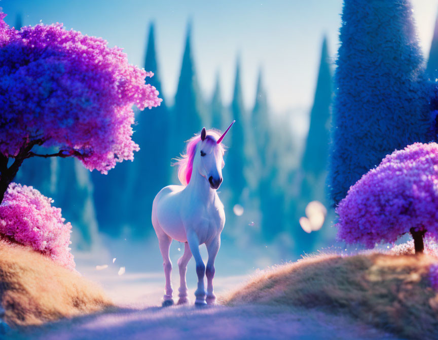 Majestic unicorn in mythical landscape with purple trees and blue sky