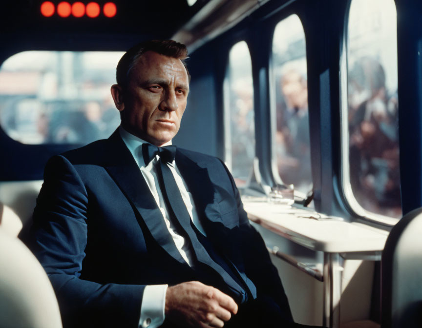 Man in dark suit sits by train window with thoughtful expression and sunlight shadows.