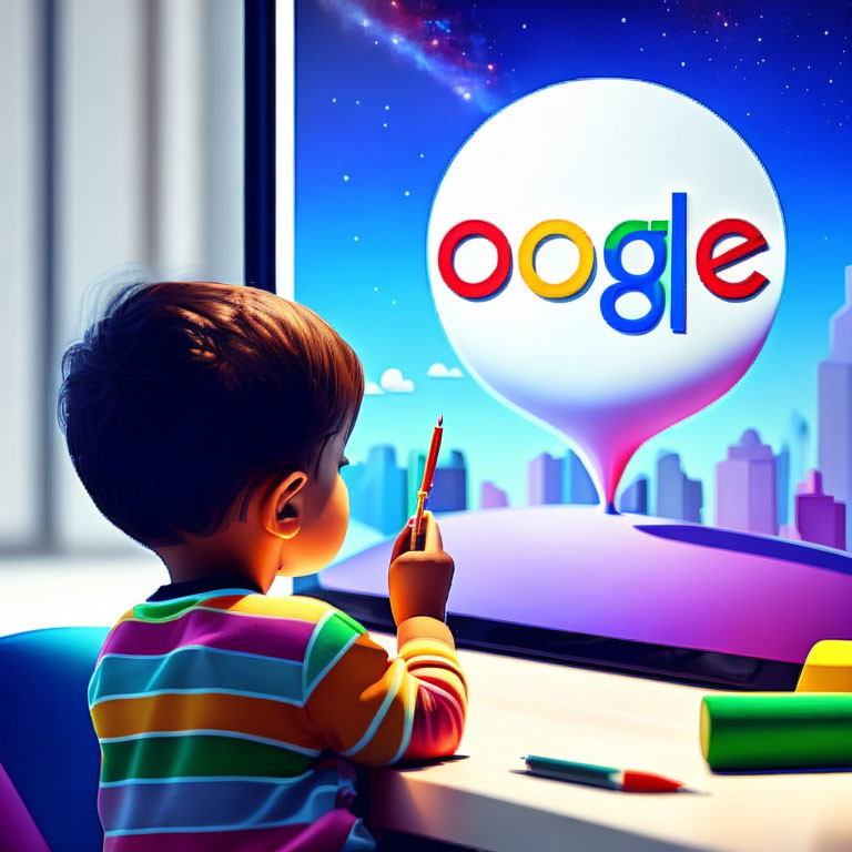 Child drawing colorful Google logo by window at night