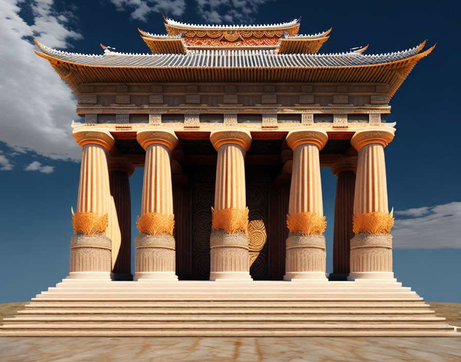 Traditional temple with ornate columns and detailed carvings against blue sky