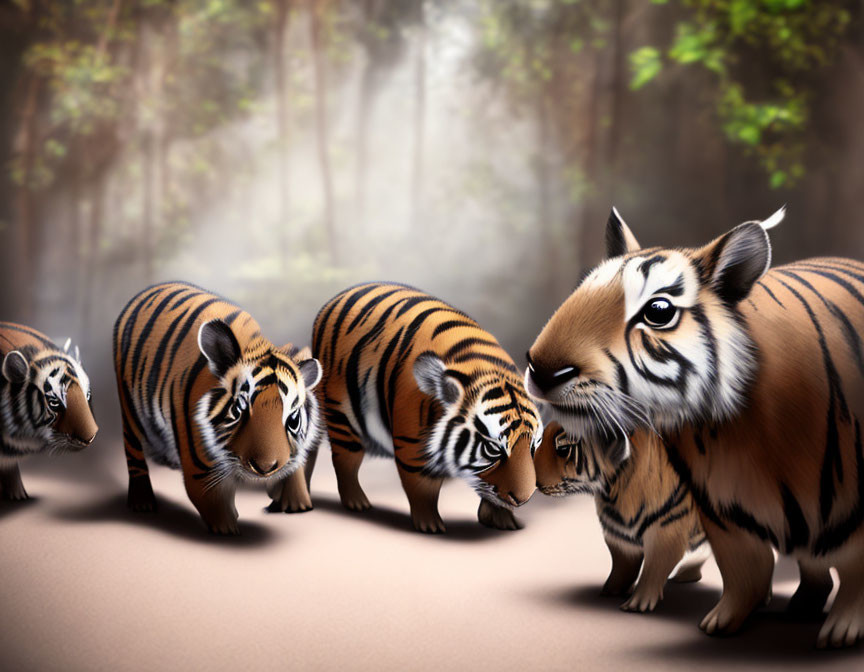 Whimsical tiger illustration in foggy forest