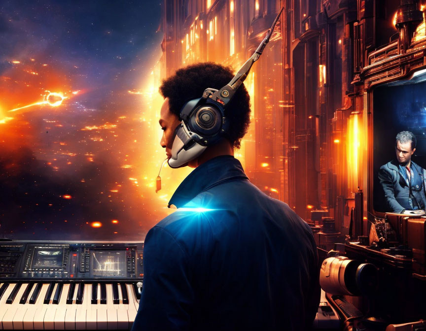 Person composing music on keyboard with DJ mixing tracks against cosmic backdrop