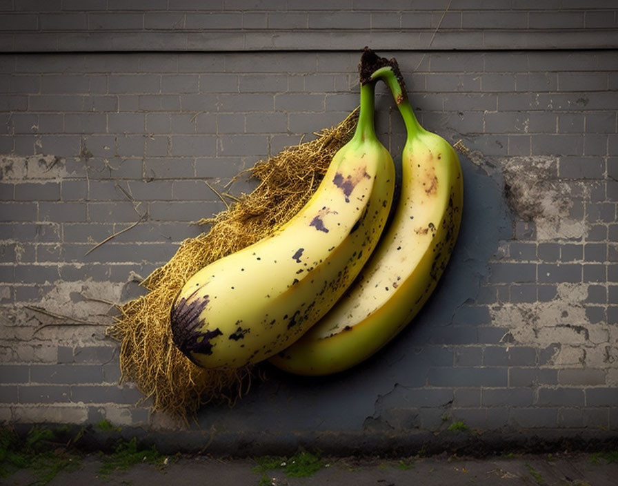 Giant bananas and bird's nest on grey brick wall