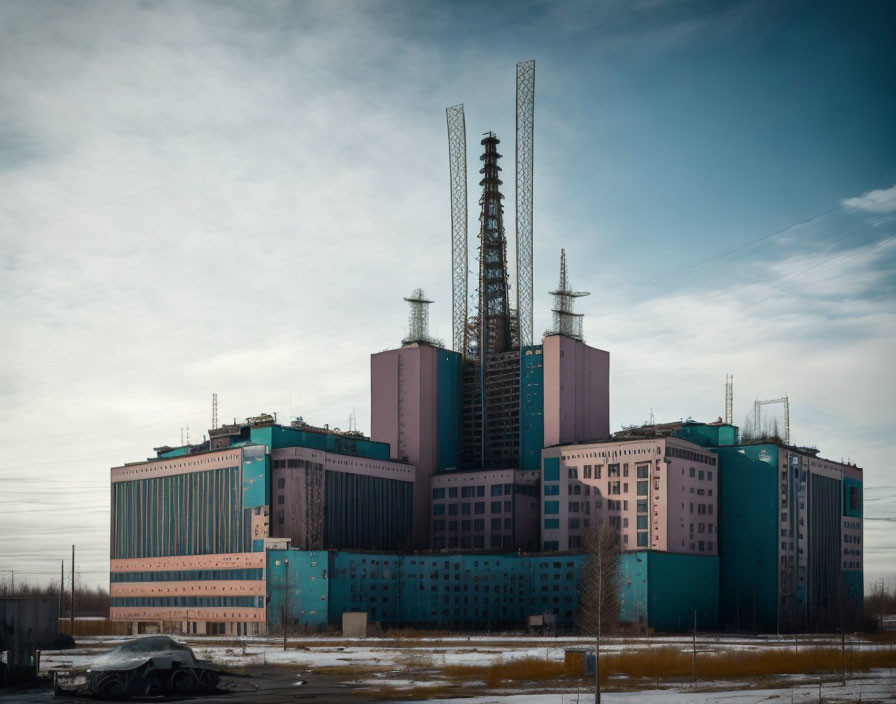 Industrial building with tall chimneys and abandoned car on empty lot