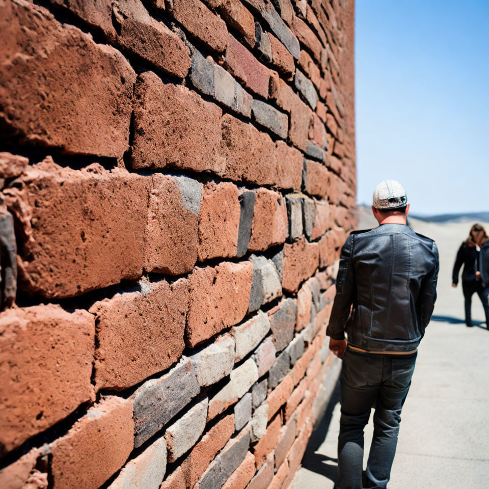 Person in Leather Jacket Walking Past Textured Red Brick Wall on Sunny Day