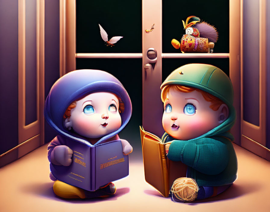 Animated babies reading books under soft light with toy and bird nearby