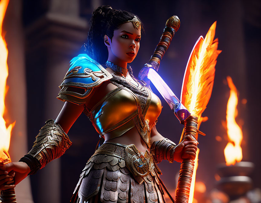 Warrior woman digital artwork with blue armor, flaming sword, and torch in fiery setting