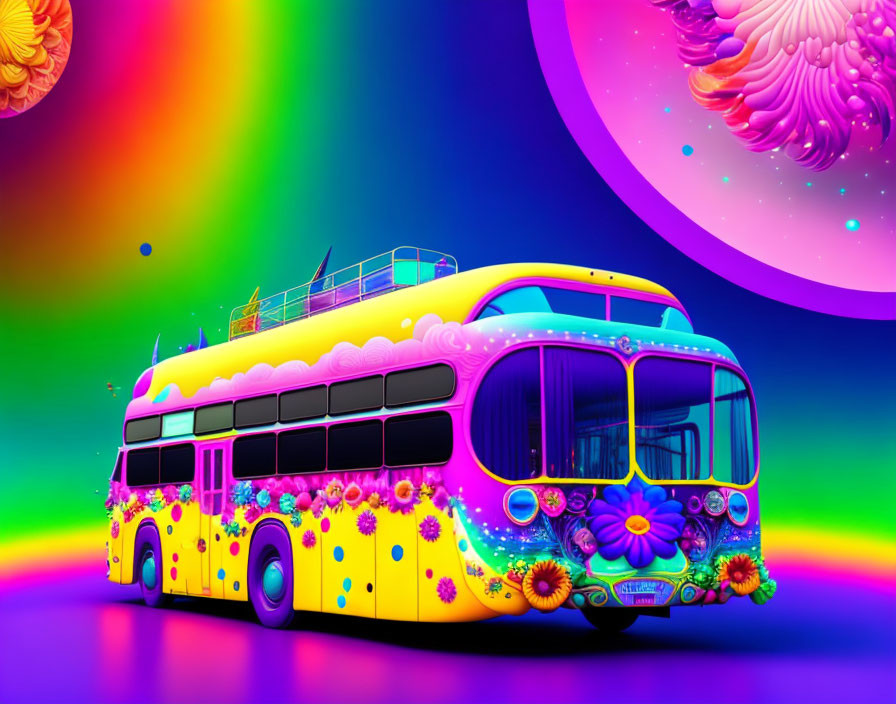 Colorful Psychedelic Double-Decker Bus with Flower Motifs on Abstract Background