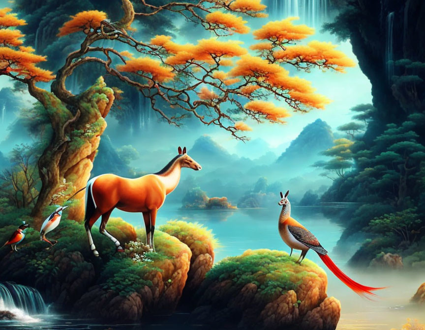 Surreal landscape with orange tree, majestic horse, exotic bird, and colorful birds by waterfall