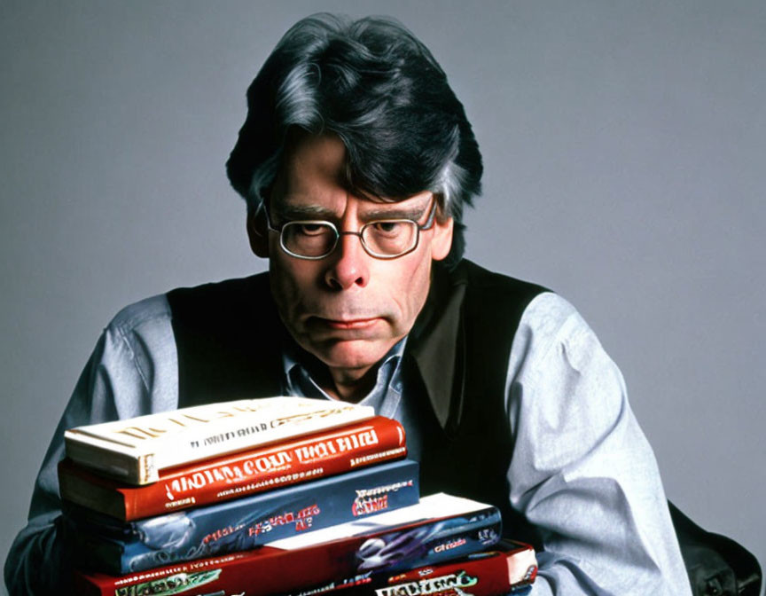 Mature man with glasses and books in serious gaze