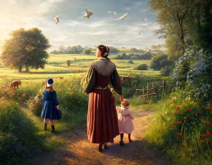 Woman and children walking among cattle and wildflowers in serene country scene