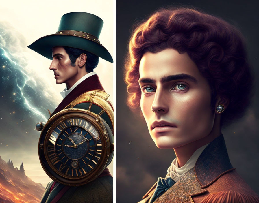 Split Digital Artwork: Tricorn Hat Man with Pocket Watch and Striking Blue Eyes